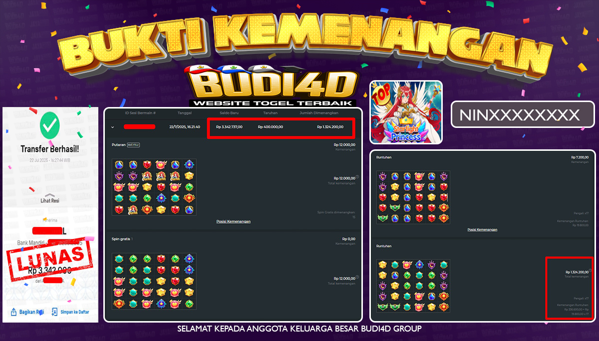 BUDI4D JACKPOT USERID:  NIN**** SLOT PGSOFT STARLIGHT PRINCESS Rp.3.342.000,- LUNAS